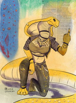 anthro big_breasts biped black_text bottomwear breasts clothed clothing female fingers fishnet_clothing gesture hand_gesture long_tail middle_finger mouth_closed navel non-mammal_breasts non-mammal_navel pants piercing ring scales snake_hood solo tail text topwear ventral_scales yellow_body leprzil debra_(deltav) cobra reptile scalie snake 2026 artist_name collage_(artwork) english_text hi_res