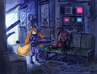 anthro armor big_hair black_nose blue_eyes detailed_background digitigrade electronics eyewear eyewear_on_head female female_anthro fluffy fluffy_tail fur futuristic glasses goggles goggles_on_head grass gun hair holding_gun holding_object holding_ranged_weapon holding_rifle holding_weapon inside logo long_hair mouth_closed orange_ears orange_hair plant post-apocalyptic purple_armor ranged_weapon rifle science_fiction seat snout solo standing tail television text weapon white_body white_fur yellow_body yellow_fur yellow_tail young young_anthro young_female mabibabi canid canine mammal 2025 absurd_res artist_logo dated hi_res huge_filesize url