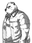 anthro clothing jacket looking_at_viewer male overweight overweight_anthro overweight_male rolled_up_sleeves shirt solo topwear kotobuki529 morenatsu juuichi_mikazuki bear black_bear mammal moon_bear ursine 2015 black_and_white cel_shading monochrome shaded