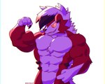 5:4 abs anthro biceps big_biceps big_muscles chest_tuft countershading deltoids flexing flexing_bicep fur generation_7_pokemon glowing glowing_eyes lycanroc male mecinkari midnight_lycanroc muscular muscular_male nintendo pecs pokemon pokemon_(species) red_body red_eyes red_fur solo tuft white_body white_countershading