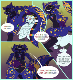 abdominal_bulge anal anal_vore anthro anus blue_body blue_border border duo looking_back male male/male markings multicolored_markings rainbow_anus rainbow_markings rumbling_stomach shrinking size_difference size_transformation tail text transformation vore joooon arachnid arthropod grinlin spider absurd_res comic english_text hi_res