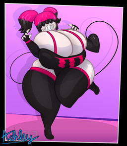 big_breasts breasts clothed clothing female hair huge_breasts huge_thighs looking_at_viewer not_furry pigtails sharp_teeth shortstack simple_background smile solo spade_tail tail teeth thick_thighs topwear wide_hips ashley432 monster_energy humanoid colored digital_media_(artwork) hi_res shaded signature watermark