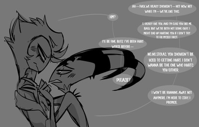 anthro bodily_fluids clothing crying dialogue duo eye_contact grey_background hair holding_another horn looking_at_another male sad shirt short_hair simple_background tears text topwear white_text teathekook hellaverse helluva_boss blitzo_(helluva_boss) stolas_(helluva_boss) avian bird imp owl owl_demon hi_res monochrome