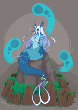 anthro apode bedroom_eyes big_breasts big_butt blue_body breasts butt countershade_torso countershading ear_fins featureless_breasts female fin fishing_net gills hair horn legless long_hair looking_at_viewer moss narrowed_eyes navel net non-mammal_breasts non-mammal_navel on_rock plant rock seductive serpentine sitting sitting_on_rock solo tail thick_tail white_hair wide_hips drawtheuniverse aquatic draconcopode fish ghost naga siren spirit hi_res