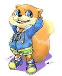 anthro big_zipper blue_eyes buckteeth clothing footwear fur male open_mouth shoes simple_background solo teeth text zipper kurimo_jinguy conker's_bad_fur_day rareware conker mammal rodent sciurid tree_squirrel english_text hi_res signature