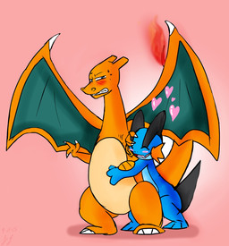 ambiguous_gender blue_eyes blush bodily_fluids claws duo fangs feral fin fire flaming_tail heart_symbol hug love membrane_(anatomy) membranous_wings orange_body orange_skin pink_background pushing rejection simple_background smile sweat tail teeth wings j.f mythology nintendo pokemon charizard dragon generation_1_pokemon generation_3_pokemon mythological_creature mythological_scalie pokemon_(species) scalie swampert hi_res