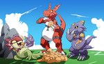 anthro belly bread claws eating food green_body group outside overweight plant purple_body red_body smile trio jonathanchimney bandai_namco digimon digimon_(species) elemental_creature flora_fauna floramon guilmon monodramon hi_res