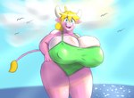 anthro beach big_breasts blonde_hair blue_eyes breast_squish breasts clothing female hair huge_breasts hyper hyper_breasts looking_at_viewer one-piece_swimsuit seaside smile smiling_at_viewer solo squish summer swimwear tight_clothing wide_hips oliburgob paprika_(olibur) bovid bovine cattle mammal hi_res