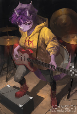 anthro big_breasts biped bottomwear breasts clothed clothed_anthro clothed_female clothing cymbals drum electric_guitar facial_horn female fingers footwear freckled_face freckles frill_(anatomy) front_view grey_bottomwear grey_clothing grey_pants guitar hair holding_guitar holding_musical_instrument holding_object hoodie horn humanoid_hands looking_down markings musical_instrument non-mammal_breasts pants percussion_instrument plucked_string_instrument purple_body purple_eyes purple_hair red_clothing red_footwear red_shoes shadow shoes short_hair smile solo spots spotted_markings standing string_instrument tail text three-quarter_view topwear wire yellow_clothing yellow_hoodie yellow_topwear catheadyy goodbye_volcano_high ko_op_(game_developer) trish_(gvh) ceratopsian ceratopsid chasmosaurine dinosaur marginocephalian ornithischian prehistoric_species reptile scalie triceratops 2026 absurd_res artist_name colored dated digital_media_(artwork) digital_painting_(artwork) hi_res painting_(artwork) shaded