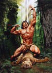 ambiguous_gender angry black_hair blood bodily_fluids bottomwear clothed clothing death duo feral fur hair jungle_background killing knife leopard_spots loincloth male muscular muscular_male pawpads rage_face spots underwear underwear_only vein whiskers white_whiskers yellow_body yellow_fur joe_jusko tarzan_(character) ape felid feline haplorhine human mammal pantherine primate tiger traditional_media_(artwork)