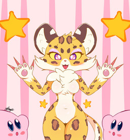 ambiguous_gender anthro blush breasts camel_toe claws countershading female fluffy_ears genitals group happy long_claws male male/female navel neck_tuft simple_background smile tuft vulva pixyfox23 kirby_(series) kirby_and_the_forgotten_land nintendo nintendo_switch clawroline kirby felid leopard mammal pantherine hi_res