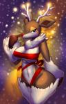 2014 abstract_background anthro anthrofied antlers blue_eyes blush breasts christmas cleavage clothed clothing deer elpatrixf female generation_5_pokemon hi_res holidays horn looking_at_viewer mammal navel nintendo pokemon pokemon_(species) pokemorph red_nose ribbons rudolph_the_red-nosed_reindeer sawsbuck seductive simple_background smile solo winter_sawsbuck