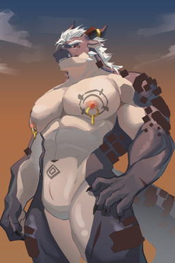 2_horns abs animal_genitalia anthro belly_tattoo big_muscles big_pecs brown_body brown_eyes chest_tattoo cloud cloudy_sky countershade_torso countershading facial_spikes genital_slit genitals hair horn horn_jewelry horn_ring jaw_spikes jewelry looking_at_viewer male muscular muscular_anthro muscular_male navel nipple_piercing nipple_ring nipples nude outside pecs piercing ring_(jewelry) ring_piercing sky solo spikes spikes_(anatomy) tail tattoo white_hair wiltbergerfeis1 mythology dragon mythological_creature mythological_scalie scalie wingless_dragon 2025 2:3 digital_media_(artwork) hi_res portrait three-quarter_portrait