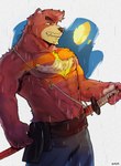 5_fingers abs anthro bottomwear claws clothing fingers fur katana male melee_weapon muscular muscular_anthro muscular_male pants red_body red_fur shirtless solo sword weapon luck_like the_boy_and_the_beast kumatetsu bear human mammal 2024 colored hi_res signature