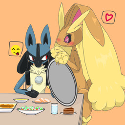 ambiguous_gender anthro blush convenient_censorship duo food furniture glass heart_symbol red_eyes sitting smiley_face standing table kagura_0471 nintendo pokemon generation_4_pokemon lopunny lucario pokemon_(species) 1:1 2021 hi_res