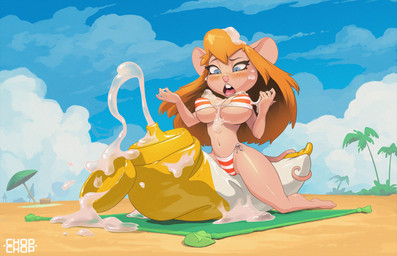 anthro beach big_breasts bikini blue_eyes blue_sky blush blush_lines breasts camel_toe clothing cloud day female hair nipple_outline orange_hair outside palm_tree pattern_bikini pattern_clothing pattern_swimwear pink_nose plant pose side-tie_bikini skimpy_bikini sky string_bikini striped_bikini striped_clothing striped_swimwear stripes suggestive_fluid summer sunscreen swimwear thick_thighs tree triangle_bikini two-piece_swimsuit under_boob wide_hips chopchop chip_'n_dale_rescue_rangers disney gadget_hackwrench mammal murid murine rodent 2025 absurd_res digital_drawing_(artwork) digital_media_(artwork) hi_res pinup