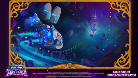 asteroid border brown_border building copyright_symbol light not_furry outside pennant_banner space spacecraft star symbol text vehicle window year zero_pictured fabio_pochet mario_bros mario_plus_rabbids_sparks_of_hope nintendo raving_rabbids rayman_(series) ubisoft 16:9 2023 4k absurd_res artist_name colored concept_art crossover digital_drawing_(artwork) digital_media_(artwork) english_description english_text hi_res lighting official_art shaded widescreen