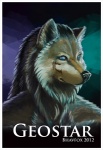 2012 abstract_background anthro bhavfox black_nose blue_eyes border brown_body brown_fur bust_portrait canid canine canis fur grey_body grey_border grey_fur looking_at_viewer male mammal markings name_badge portrait simple_background solo text wolf