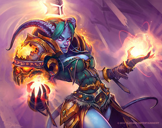 armor belt breasts casting_spell clothing female fire gloves green_hair hair handwear horn magic not_furry pauldron purple_body smile solo tail luke_mancini blizzard_entertainment warcraft world_of_warcraft_trading_card_game draenei humanoid 2010 official_art