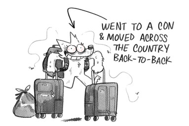 anthro backpack female luggage red_eyes solo text trash_bag twistcmyk arthropod canid canine fly_(animal) insect mammal english_text