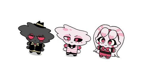 4_arms chibi clothed clothing female group male multi_arm multi_limb simple_background trio white_background enaic31 hazbin_hotel hellaverse angel_dust arackniss_(hazbin_hotel) molly_(hazbin_hotel) arachnid arthropod demon humanoid spider brother_(lore) brother_and_sister_(lore) brothers_(lore) sibling_(lore) sister_(lore)