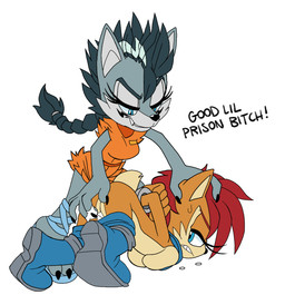 blue_clothing blue_eyes bodily_fluids boots breasts brown_body brown_fur clothing dominant dominant_female duo female female/female fingering footwear fur genitals grey_body grey_fur hair mohawk prison_uniform prisoner red_hair shoes sweat text vaginal vulva ravrous third-party_edit archie_comics sega sonic_the_hedgehog_(archie) sonic_the_hedgehog_(comics) sonic_the_hedgehog_(series) alpha_(anti-lupe) princess_alicia_acorn canid canine canis chipmunk ground_squirrel humanoid mammal rodent sciurid wolf colored english_text hi_res