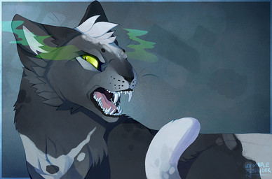 ambiguous_gender black_body black_fur feral fur green_eyes hair open_mouth solo tail teeth tongue white_hair maplespyder warriors_(book_series) fan_character domestic_cat felid feline felis mammal tuxedo_cat 2015 digital_media_(artwork) digital_painting_(artwork) painting_(artwork) shaded