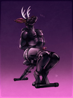 anthro antlers bdsm belt_bondage blindfold bodily_fluids bodysuit bondage border bound chair clothing ear_piercing ear_ring furniture genital_fluids genital_piercing genitals glans gradient_background horn humanoid_genitalia humanoid_penis latex latex_bodysuit latex_clothing latex_skinsuit male moan motion_lines multiple_piercings muzzle_(object) on_chair onomatopoeia penis penis_piercing piercing pink_glans precum precum_bead prince_albert_piercing purple_background ring_piercing sensory_deprivation simple_background sitting skinsuit solo sound_effects struggling text tied_to_chair tight_clothing white_antlers interkos kinktober bhatair deer mammal 2023 full-length_portrait hi_res portrait