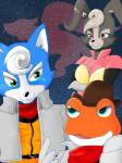 aged_up anthro blue_body blue_eyes blue_fur breasts clothing female fur gloves green_eyes grey_body grey_fur group handwear hat headgear headwear male orange_eyes smile white_body white_fur sousakubd nintendo star_fox marcus_mccloud peppy's_granddaughter slippy's_son amphibian canid canine fox frog hare lagomorph leporid mammal 3:4