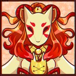 2018 animal_mask anthro asian_clothing bell bow_ribbon breasts canid canine ceroba_ketsukane clothing concept_art east_asian_clothing female fox fox_mask glistening glistening_hair gold_(metal) hair japanese_clothing kimono low_res mammal mask medium_breasts official_art pattern_background ponytail prick_ears red_hair simple_background solo sparkles televiq undertale_(series) undertale_yellow