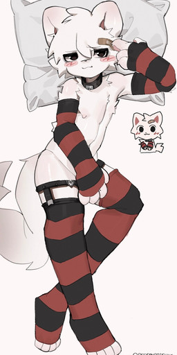 anthro armwear band-aid bandage blush clothing collar legwear lying male pattern_armwear pattern_clothing pattern_legwear pillow solo stockings redfoxrice1145 silly_cat_(mauzymice) felid feline mammal hi_res