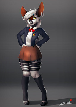 accessory annoyed anthro biped black_body black_hooves black_stripes bottomwear bow_(feature) bow_tie brown_body clothed clothing cloven_hooves collared_shirt dress_shirt ear_piercing eyelashes female flat_chested front_view frown grey_background grey_tongue hair hair_accessory hairclip hands_on_hips hooves jacket knock-kneed leg_markings light looking_aside looking_away markings mole_(marking) multicolored_body open_clothing open_frown open_jacket open_mouth open_topwear piercing school_uniform shadow shirt simple_background skirt socks_(marking) solo standing striped_body stripes tongue topwear uniform white_body white_hair white_stripes yellow_eyes zlden giraffid mammal okapi 2016 digital_drawing_(artwork) digital_media_(artwork) full-length_portrait hi_res lighting portrait unavailable_at_source