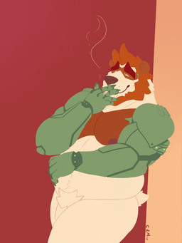 anthro beard belly big_belly brown_beard brown_body brown_facial_hair brown_fur brown_hair cigarette facial_hair flaccid fur genitals hair holding_cigarette holding_object male moobs narrowed_eyes nude overweight overweight_anthro overweight_male penis pubes short_hair simple_background smoke smoking solo standing white_body white_fur white_penis white_pubes chocolateandmilk bear mammal 2018 3:4 dated hi_res signature