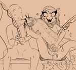 5_fingers anthro beanie clothing duo eyelashes female fingers fishing fishing_rod front_view hair hat headgear headwear long_hair male open_mouth open_smile sitting smile papayathebun helluva_boss anon octavia_(helluva_boss) avian bird catfish demon fish human mammal marine owl owl_demon 2025 monochrome sketch