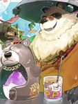 anthro asian_clothing bell chinese_clothing claws clothing dessert detailed_background duo east_asian_clothing eye_scar eyewear facial_scar fangs food glasses jingle_bell male mixed-language_commentary open_mouth pawpads round_glasses scar shaved_ice shirt smile teeth topwear wok yellow_clothing yellow_shirt yellow_topwear ashikakoshika mihoyo zenless_zone_zero ben_bigger pan_yin_hu bear brown_bear giant_panda grizzly_bear mammal ursine signature