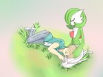 3_fingers blonde_hair blush blush_stickers clothing duo eyes_closed female fingers grass green_hair hair hair_over_eye hand_on_head head_on_lap headpat lap_pillow lying_on_ground male on_ground on_lap one_eye_obstructed plant simple_background sleeping smile renv nintendo pokemon gardevoir generation_3_pokemon human mammal pokemon_(species) 2022 hi_res