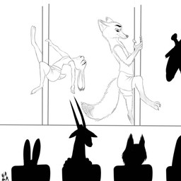 anthro bottomwear clothing dancing duo_focus female group male pole pole_dancing seductive shirt shorts silhouette simple_background tank_top topwear white_background w4g4 disney zootopia judy_hopps nick_wilde antelope bovid canid canine fox grazing_antelope lagomorph leporid mammal oryx rabbit red_fox true_fox 1:1 black_and_white hi_res line_art monochrome