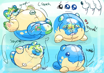 ambiguous_gender anthro blue_body countershading feral fused_legs green_body inanimate_transformation inflatable inflation inflation_valve loss_of_dexterity nozzle nozzle_on_belly painted-on_face solo spherification squeaking tan_body tan_countershading transformation wobbling memopemo nintendo pokemon animate_inanimate canid generation_3_pokemon living_inflatable mammal pokemon_(species) spheal hi_res
