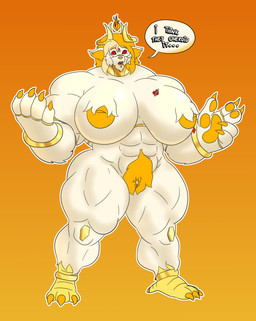 abs anthro avian_feet big_breasts big_muscles bracelet breasts broad_shoulders claws clitoral_hood clitoris clitoris_piercing eyelashes feet female fire forehead_gem gem genital_piercing genitals gold_(metal) gold_bracelet gold_jewelry gradient_background hair hairy_nipples hairy_vulva heart_tattoo horn huge_breasts huge_muscles inner_ear_fluff inverted_nipples jewelry lips lipstick looking_down makeup muscular nipples orange_eyes orange_hair outline pawpads piercing prehensile_feet pubes red_sclera sharp_teeth simple_background solo speech_bubble tattoo teeth thick_thighs toes tuft white_body white_outline worried_look yellow_horn whitestellar iranian_mythology middle_eastern_mythology mythology whitestellar_(character) felid hybrid liger lion mammal manticore pantherine absurd_res hi_res