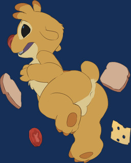 3_toes antennae_(anatomy) anus backsack balls black_eyes bread brown_pawpads buckteeth cheese chest_tuft dairy_products dipstick_antennae feet food fruit fur genitals male multicolored_antennae open_mouth pawpads plant purple_tongue red_nose small_tail solo tail teeth toes tomato tongue tuft yellow_body yellow_fur unknown_artist disney lilo_and_stitch reuben_(lilo_and_stitch) alien experiment_(lilo_and_stitch) alpha_channel