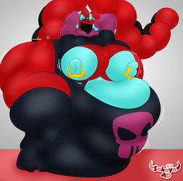 anthro balls big_balls big_breasts big_butt big_nipples big_penis black_sclera blue_clothing breasts butt clothed clothing genitals gynomorph hands_behind_head huge_balls huge_breasts huge_butt huge_penis huge_thighs hyper hyper_balls hyper_genitalia hyper_penis intersex legwear looking_at_viewer machine nipple_piercing nipples penis piercing pink_clothing raised_arm raised_tail red_body red_eyes simple_background stretched_clothing stretching tail thick_thighs thigh_highs wide_hips sokoyo_owo meme_clothing paggi_outfit synth_(vader-san) hi_res meme