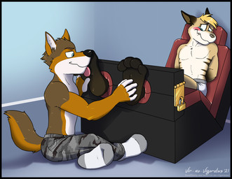 4_toes 5_fingers ankles_tied anthro barefoot biped bite biting_lip biting_own_lip black_nose blue_eyes blush bottomwear bound briefs brown_body brown_fur brown_tail camo camo_bottomwear camo_clothing camo_pants camo_print clothed clothing countershade_face countershade_feet countershading crossed_legs detailed_background duo eyebrows feet fingerless_(marking) fingers foot_fetish foot_lick foot_play footwear fur grey_body grey_clothing grey_footwear grey_fur grey_nose grey_socks grey_tail hands_behind_back head_tuft inside licking lock lounging male multicolored_body multicolored_clothing multicolored_footwear multicolored_fur multicolored_socks on_ground padlock pants pattern_bottomwear pattern_clothing pattern_pants plantigrade pointy_ears prick_ears reclining self_bite shadow sitting socks soles striped_body striped_fur stripes tail tan_inner_ear text tickle_fetish tickle_torture tickling tickling_feet toes tongue tongue_out topless topless_male trying_not_to_laugh tuft two_tone_tail underwear white_body white_briefs white_clothing white_footwear white_fur white_inner_ear white_socks white_underwear vir-no-vigoratus canid canine canis hybrid kangaroo macropod mammal marsupial wolf 2021 character_request digital_media_(artwork) signature url