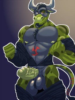 abs anthro ballhawk balls clothing coveralls erection genitals male mechanic muscular nipples penis solo undressing vein veiny_penis heartlessfang reed_bull bovid bovine cattle mammal 3:4 absurd_res hi_res