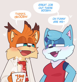 accessory anthro beverage blue_body blue_fur chest_tuft clothed clothing coffee female fluffy fluffy_chest fully_clothed fur hearing_aid male necktie orange_body orange_fur text tuft crushpepper bubsy_(series) bubsy_4d bubsy_bobcat oblivia_(bubsy) bobcat felid feline lynx mammal english_text hi_res tagme