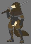 anthro beard belt brown_body brown_fur brown_hair brown_mane bulge clothing facial_hair fingerless_gloves fur gloves hair handwear legwear male mane melee_weapon neck_tuft plantigrade red_eyes simple_background solo sword tan_body tan_fur tuft weapon idrysse3 dorian_(furdo) canid canine canis mammal wolf 2021 hi_res