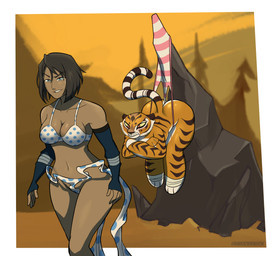 anthro big_breasts bottomwear bra breasts brown_body brown_fur brown_hair brown_nose butt cleavage clothed clothing crossed_arms dark_body dark_skin day duo female forest forest_background frown fur green_eyes hair hanging_wedgie looking_at_another markings medium_hair multicolored_body multicolored_fur nature nature_background navel orange_body orange_eyes orange_fur outside panties pattern_bottomwear pattern_bra pattern_clothing pattern_panties pattern_topwear pattern_underwear paws plant polka_dot_bra polka_dot_panties rock sharp_teeth smile striped_body striped_bottomwear striped_bra striped_clothing striped_fur striped_markings striped_panties striped_tail striped_topwear striped_underwear stripes tail tail_markings teeth tiger_tail topwear tree underwear walking wedgie white_body white_fur yellow_sclera wkrobinsson avatar:_the_last_airbender dreamworks kung_fu_panda nickelodeon the_legend_of_korra korra master_tigress felid human mammal pantherine tiger absurd_res hi_res