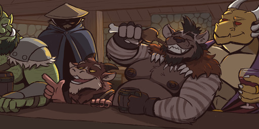 alcohol anthro arm_hair barazoku beard belly beverage big_belly black_beard black_facial_hair black_hair blue_cloak blue_clothing body_hair brown_body brown_fur cape chest_hair cloak clothing container cup drinking_glass drumstick_(food) drumstick_(poultry) eating eating_food eyebrows eyes_closed facial_hair fantasy fur fur_cape fur_clothing gesture glass glass_container glass_cup green_body green_skin group hair hand_gesture hat hat_over_eyes headgear headwear horn inside looking_down looking_down_at_another male male_anthro male_humanoid manly metal mug muscular muscular_humanoid muscular_male nipples open_mouth open_smile overweight overweight_anthro overweight_male pecs pointing pointing_at_another pointy_ears raised_eyebrow red_body red_eyes red_fur round_ears scales shoulder_pads smile straw_hat striped_body striped_fur stripes tavern text toothy_grin tusks white_eyes wine wine_glass yellow_body yellow_eyes yellow_scales nanoff mythology balthazar_(nanoff) charlie_(nanoff) taro_(nanoff) bovid canid canine caprine caprine_demon demon dragon gnoll goat_demon humanoid hyena mammal mythological_creature mythological_scalie orc raccoon_dog scalie tanuki 2025 artist_name colored dated digital_drawing_(artwork) digital_media_(artwork) english_description hi_res story story_in_description