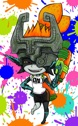 armor backpack barefoot blue_markings bottomwear breasts clothed clothing cosplay feet female fully_clothed fused_shadow hair hand_on_hip headgear helmet holding_object holding_ranged_weapon holding_weapon ink looking_at_viewer markings narrowed_eyes not_furry one_fang open_mouth open_smile orange_hair pose ranged_weapon red_eyes shirt shorts small_breasts smile solo spandex spandex_shorts splat standing t-shirt tight_bottomwear tight_clothing tight_shorts topwear weapon wide_hips left_turn_246 nintendo splatoon the_legend_of_zelda twilight_princess midna humanoid imp twili 2015 alternate_version_at_source crossover digital_media_(artwork) full-length_portrait hi_res portrait