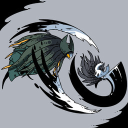 2_horns ambiguous_gender anthro attack biped black_body black_eyes claws cloak clothed clothing duo holding_melee_weapon holding_object holding_weapon horn melee_weapon nail_(weapon) orange_eyes weapon osakana2gou hollow_knight_(franchise) team_cherry the_knight_(hollow_knight) traitor_lord_(hollow_knight) arthropod infected_(species) vessel_(species) 1:1