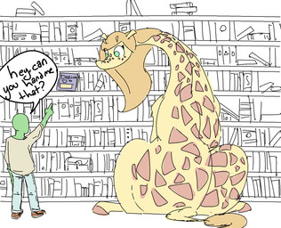 big_butt book bookshelf brown_hair butt dialogue duo female feral furniture green_eyes hair hooves horn huge_butt inside larger_female larger_feral library long_neck male markings ossicone sitting size_difference slightly_chubby smaller_human smaller_male spots spotted_body text treasure_chest wide_hips nobby_(artist) anon paisley_(nobby) giraffe giraffid human mammal aliasing binary_drawing digital_drawing_(artwork) digital_media_(artwork) english_text hi_res